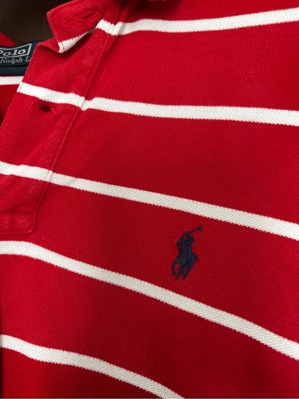 Ralph Lauren Red & White Striped Polo with Navy Pony